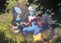 1girl :d akari_(pokemon) artist_name black_hair black_sash blue_jacket blue_pants blurry blurry_foreground branch brown_footwear closed_eyes closed_mouth colored_sclera commentary_request day depth_of_field eyelashes fang flower gen_4_pokemon gen_5_pokemon grass headscarf highres jacket long_hair long_sleeves luxray lying nintendo nullma on_grass on_head on_side open_clothes open_mouth oshawott outdoors pants pink_flower pokemon pokemon_(creature) pokemon_legends:_arceus pokemon_on_head purple_eyes red_scarf red_sclera sandals sash scarf sidelocks signature skin_fang sleeping smile socks white_footwear white_headscarf white_headwear white_socks yellow_eyes yellow_flower
