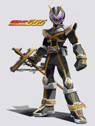 1boy armor black_armor black_bodysuit black_helmet blue_eyes bodysuit copyright_name full_body grey_background helmet highres holding holding_sword holding_weapon kamen_rider kamen_rider_555 kamen_rider_kaixa male_focus penpenhuihui power_armor simple_background solo sword weapon white_background
