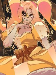 Rule 34 | 1girl, absurdres, blonde hair, breasts, cthulhu mythos, dress, estir, grin, highres, looking at viewer, mask, medium breasts, mismatched sclera, pink eyes, pink hair, puffy short sleeves, puffy sleeves, reksukoy, short sleeves, smile, solo, sucker for love, sucker for love: first date, twintails, yellow dress