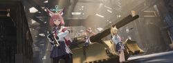 4girls absurdres animal_ear_fluff animal_ears anti-materiel_rifle assault_rifle barrett_m82 black_hair black_pantyhose black_thighhighs blonde_hair blue_archive blue_eyes blue_sailor_collar blue_skirt brown_hair donghai_xian_yuwang fox_ears fox_platoon_(blue_archive) green_eyes gun highres hitodama holding holding_gun holding_weapon holster incredibly_absurdres kurumi_(blue_archive) looking_at_viewer looking_to_the_side multiple_girls necktie niko_(blue_archive) on_tank otogi_(blue_archive) pantyhose pink_hair red_eyes red_necktie rifle sailor_collar shirt shotgun sitting skirt smile sniper_rifle submachine_gun thigh_holster thigh_strap thighhighs weapon white_shirt yukino_(blue_archive)