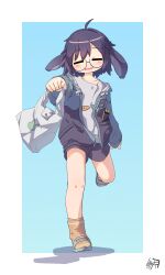 1girl =_= absurdres ahoge animal_ears bag black_hair blue_background blush border carrot cellphone closed_eyes facing_viewer full_body glasses highres holding holding_bag hood jacket kurotsuki_schw long_sleeves lop_rabbit_ears open_clothes open_mouth orange_socks partially_unzipped pen phone plastic_bag purple_hair rabbit_ears rabbit_girl sandals semi-rimless_eyewear shadow shirt shopping_bag short_hair shorts signature simple_background smile socks solo standing standing_on_one_leg usasaki_(vrchat) vrchat white_border yellow_socks