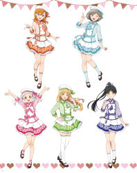 5girls arashi_chisato artbook black_hair blonde_hair blue_eyes blue_skirt bow dress full_body green_eyes green_skirt grey_hair hair_between_eyes hand_on_own_hip hat hazuki_ren heanna_sumire highres long_hair looking_at_viewer love_live! love_live!_superstar!! multiple_girls non-web_source official_art one_eye_closed open_mouth orange_hair orange_skirt ponytail purple_eyes red_eyes red_skirt ribbon shibuya_kanon shoes short_hair skirt smile socks standing standing_on_one_leg tang_keke thighhighs twintails white_hair white_thighhighs yellow_eyes zettai_ryouiki