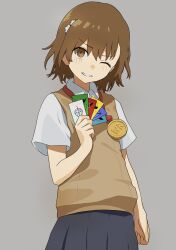 Rule 34 | 1girl, ;), absurdres, brown eyes, brown hair, brown sweater vest, card, collared shirt, commentary, commission, gold medal, grey background, grey skirt, hair ornament, hairpin, highres, holding, holding card, medal, miniskirt, misaka mikoto, one eye closed, parted lips, pleated skirt, school uniform, shirt, short hair, short sleeves, skirt, smile, solo, summer uniform, sweater vest, tatararashi, toaru kagaku no railgun, toaru majutsu no index, tokiwadai school uniform, white shirt