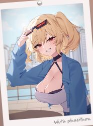 1girl absurdres arm_up aviator_sunglasses blonde_hair blue_jacket bra bra_peek breasts burnice_white cleavage commentary day eyewear_on_head highres jacket large_breasts long_hair long_sleeves looking_at_viewer photo_(object) red-tinted_eyewear red_eyes shirt smile solo spread_legs sunglasses taiyaki12 tinted_eyewear two_side_up underwear white_shirt zenless_zone_zero