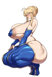 1girl ahoge alternate_breast_size_(larger) areola_slip artoria_pendragon_(fate) artoria_pendragon_(lancer)_(fate) ass bare_shoulders bikini blonde_hair blue_bikini blue_gloves blue_thighhighs blush braid braided_bun breasts bridal_gauntlets covered_erect_nipples curvy elbow_gloves fate/grand_order fate_(series) french_braid from_side full_body gigantic_breasts gloves green_eyes hair_between_eyes hair_bun highres huge_ass huge_breasts intruder_(1391685345) large_areolae looking_at_viewer micro_bikini sidelocks simple_background solo squatting sweat swimsuit thick_thighs thighhighs thighs tiptoes toned toned_female white_background