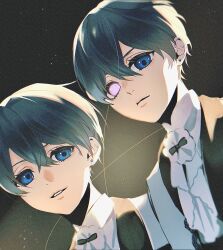 2boys blue_eyes blue_hair brothers ciel_phantomhive ciel_phantomhive&#039;s_brother closed_mouth crossed_bangs double-parted_bangs earrings eyelashes frilled_shirt frills hair_between_eyes heterochromia highres jewelry kuroshitsuji male_focus multiple_boys parted_lips piercing pink_eyes rau_820 shirt siblings smile stud_earrings twins upper_body white_shirt