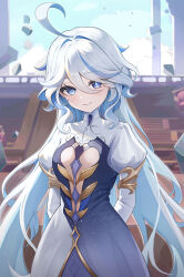 1girl ahoge arms_behind_back blue_dress blue_eyes blue_hair blurry blurry_background closed_mouth clothing_cutout commentary_request cosplay dress drop-shaped_pupils furina_(genshin_impact) furrowed_brow genshin_impact gold_trim hair_intakes highres juliet_sleeves long_hair long_sleeves looking_at_viewer multicolored_hair prana_(prana12) puffy_sleeves smile solo stairs streaked_hair symbol-shaped_pupils two-tone_dress upper_body very_long_hair wavy_hair