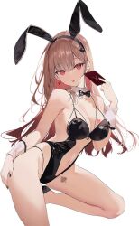 1girl animal_ears bare_legs bare_shoulders black_hairband black_leotard bow bowtie breasts brown_hair card center_opening cleavage closed_mouth colored_inner_hair detached_collar earrings fake_animal_ears hairband hand_on_own_hip hand_up highleg highleg_leotard holding holding_card jewelry leg_tattoo leg_up leotard long_hair looking_at_viewer medium_breasts multicolored_hair nail_polish navel necomi original pink_hair playboy_bunny rabbit_ears red_eyes sideless_leotard simple_background smile solo spaghetti_strap stomach tattoo thighs tongue tongue_out two-tone_hair white_background wrist_cuffs