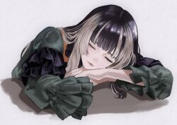 1girl absurdres black_dress black_hair closed_eyes closed_mouth commentary crossed_arms dhbwinner dress eyelashes facing_viewer frilled_dress frilled_sleeves frills gothic_lolita green_dress grey_background grey_hair head_rest highres hololive hololive_dev_is juufuutei_raden juufuutei_raden_(1st_costume) lips lolita_fashion long_hair multicolored_hair simple_background sleeping solo streaked_hair two-tone_dress two-tone_hair upper_body virtual_youtuber