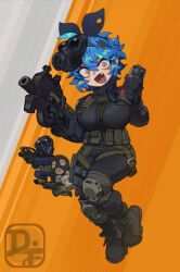 1girl 2boys ammunition_pouch assault_rifle belt_pouch black_gloves blue_hair boots bow breasts bullpup counter-strike_(series) counter-strike_2 cross-laced_footwear dif_(difman) difman explosive famas fang gas_mask gloves grenade gun hair_bow highres holding holding_gun holding_weapon knee_pads large_breasts light_machine_gun m249_saw machine_gun magazine_(weapon) mask military mole mole_under_eye multicolored_hair multiple_boys open_mouth orange_eyes original p90 personal_defense_weapon pouch rifle short_hair simple_background strap streaked_hair submachine_gun suppressor tactical_clothes thigh_pouch thigh_strap weapon