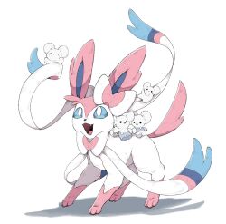 Rule 34 | animal focus, avocado 539, black eyes, blue eyes, bow, closed eyes, closed mouth, fangs, full body, gen 6 pokemon, highres, maushold, maushold (family of four), mouse (animal), nintendo, no humans, open mouth, pokemon, pokemon (creature), pokemon focus, ribbon, riding, riding pokemon, simple background, smile, sylveon, tail, white background