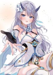 1girl arm_at_side blue_eyes blue_trim blurry blush boots breasts commission cosplay cowboy_shot depth_of_field detached_sleeves dot_nose dress falling_leaves feather_hair_ornament feathers flower genshin_impact gloves grey_hair grey_horns hair_flower hair_ornament halterneck highres horns indie_virtual_youtuber leaf long_hair looking_at_viewer lumine_(genshin_impact) lumine_(genshin_impact)_(cosplay) manmaru_(vtuber) maruro mole mole_under_eye open_mouth partially_fingerless_gloves reaching reaching_towards_viewer scarf second-party_source sideboob sitting smile solo thigh_boots thighhighs white_background white_boots white_dress white_scarf wind zettai_ryouiki