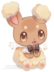 Rule 34 | black bow, black bowtie, blush, bow, bowtie, brown eyes, brown fur, buneary, full body, gem, gen 4 pokemon, highres, iwasi 29, looking at viewer, nintendo, no humans, open mouth, pokemon, pokemon (creature), red gemstone, simple background, sitting, twitter username, white background