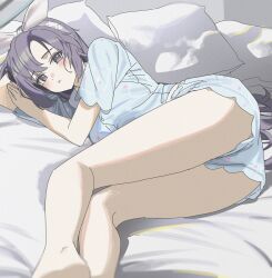 1girl absurdres barefoot bed blue_archive blue_pajamas dunggeul_dunggeul hairband highres long_hair looking_at_viewer lying on_bed on_side pajamas parted_lips pillow purple_eyes purple_hair red_pupils short_sleeves shorts solo very_long_hair yuuka_(blue_archive) yuuka_(pajamas)_(blue_archive)