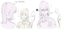 2girls :d ^_^ arrow_(symbol) closed_eyes closed_mouth commentary curled_fingers english_commentary english_text flying_sweatdrops food greyscale medium_hair monochrome multiple_girls onigiri open_mouth original ponytail porari shrug_(clothing) sidelocks sketch smile spoken_food squiggle v-shaped_eyebrows