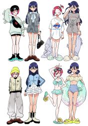 2girls amate_yuzuriha arms_at_sides beanie bikini black_hair black_hat blanket blush boots brown_shoes closed_eyes closed_mouth commentary_request eyewear_on_head green_eyes green_sandals grey_pants gundam gundam_gquuuuuux hair_between_eyes hands_in_pockets hat highres holding holding_blanket kate_jgk kneehighs long_hair long_sleeves multiple_girls nose_bubble nyaan_(gundam_gquuuuuux) one_eye_closed pants plaid_bikini plaid_clothes red_hair sandals shirt shoes short_hair simple_background sleeping sleepwear slippers smile socks standing swimsuit tongue tongue_out v white_background white_shirt yellow_boots yellow_eyes yellow_hat