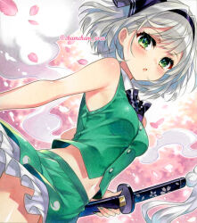 1girl bare_arms bare_shoulders black_bow black_bowtie black_hairband blush bow bowtie breasts buttons chacham cherry_blossoms collared_vest cowboy_shot dutch_angle falling_petals frilled_skirt frills green_eyes green_nails green_skirt green_vest grey_hair hair_intakes hairband hitodama hitodama_print holding holding_sword holding_weapon katana konpaku_youmu konpaku_youmu_(ghost) looking_at_viewer marker_(medium) medium_breasts nail_polish navel open_mouth petals pink_petals short_hair skirt skirt_set solo sword touhou traditional_media twitter_username vest weapon