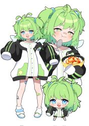 1girl :3 alien bandaid bandaid_on_face bandaid_on_nose blue_eyes blush bug chibi collar commission corrupted_twitter_file detached_wings eating fang ferumi_kaipa full_body green_hair hair_intakes highres holding holding_spoon indie_virtual_youtuber insect_wings jacket kimchi knees loose_socks machimo multiple_views oversized_clothes petite pointy_ears rice second-party_source shoes skeb_commission sleeves_past_wrists socks spoon star_(symbol) star_in_eye sticker_on_leg symbol_in_eye virtual_youtuber wings