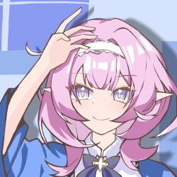 1girl blue_background blue_eyes blue_scarf chinese_commentary colorful_background commentary_request elf elysia_(honkai_impact) hairband highres honkai_(series) honkai_impact_3rd long_hair pink_hair pointy_ears scarf shirt smile solo upper_body white_hairband white_shirt zhikepite
