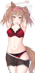1girl absurdres angelina_(arknights) animal_ears arknights armpits arms_up bra breasts brown_hair brown_shorts fox_ears fox_girl fox_tail hairband highres lingerie long_hair looking_at_viewer material_growth medium_breasts navel oripathy_lesion_(arknights) panties parted_lips red_bra red_eyes red_hairband red_panties shirt short_shorts shorts simple_background solo standing stomach tail tarako_(mentaitarasupa) twintails underwear undressing white_background white_shirt