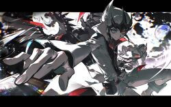 1boy blue_eyes card coat duel_disk galaxy-eyes_photon_dragon heterochromia highres holding holding_card libuqilai limited_palette red_eyes tenjou_kaito trading_card white_coat yu-gi-oh! yu-gi-oh!_zexal