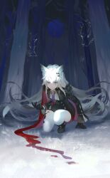 1girl animal_ears aqua_eyes arknights black_gloves black_jacket black_skirt cape clenched_teeth full_body gloves grey_hair hair_between_eyes hair_ornament hairclip high-waist_skirt highres jacket lappland_(arknights) lappland_the_decadenza_(arknights) long_hair long_sleeves looking_at_viewer material_growth necktie open_clothes open_jacket oripathy_lesion_(arknights) pinlin scar scar_across_eye scar_on_face shirt sitting skirt smile solo teeth white_shirt wolf_ears wolf_girl