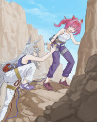 Rule 34 | 2girls, :d, ahoge, alternate costume, animal ears, bare shoulders, blue shirt, bow, cliff, dotr art, ear bow, ear covers, flower in eye, food, from side, grey hair, haru urara (umamusume), hashtag-only commentary, headband, highres, horse ears, horse girl, horse tail, long hair, multiple girls, oguri cap (umamusume), onigiri, open mouth, pants, pink eyes, pink hair, ponytail, purple pants, purple shoes, red headband, rock climbing, rope, shirt, shoes, sleeveless, sleeveless shirt, smile, symbol in eye, tail, umamusume, white bow, white pants, white shirt