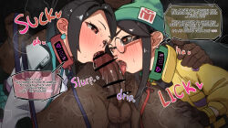 1boy 2girls animal_collar bar_censor black-framed_eyewear black_hair blush breast_press breasts brown_eyes brown_gloves censored collar cooperative_fellatio dark-skinned_male dark_skin ear_piercing english_text eyelashes fellatio ffm_threesome glasses gloves green_collar green_hat group_sex half-closed_eyes hat heart heart-shaped_pupils hetero interracial jacket killjoy_(valorant) leash licking licking_penis long_hair looking_at_penis medium_breasts mimizuki90 mind_control multiple_girls open_mouth oral penis piercing ponytail red_collar riot_games round_eyewear sage_(valorant) saliva slave speech_bubble symbol-shaped_pupils teamwork_(sexual) testicles threesome tongue tongue_out upper_body valorant very_dark_skin white_jacket yellow_jacket
