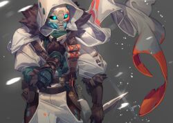 1boy adjusting_clothes blue_eyes boop_dega brown_gloves cloak clothed_robot dagger destiny_(game) fur-trimmed_cloak fur_trim gloves glowing glowing_eyes grey_background hand_on_own_neck holding holding_dagger holding_knife holding_weapon hood hood_up hooded_cloak humanoid_robot joints knife male_focus muscular muscular_male no_humans original pants robot robot_joints shirt snowing solo weapon white_cloak white_pants white_shirt