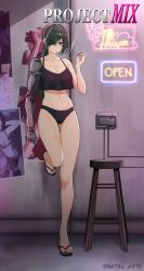 1girl absurdres artist_name black_camisole black_nails black_panties breasts camisole cigarette cleavage commentary commission copyright_name english_commentary eyepatch full_body green_hair highres holding holding_cigarette leg_up looking_at_viewer matsu_arts mechanical_arms nail_polish navel neon_sign panties poster_(object) project_mix prosthesis prosthetic_arm purple_nails red_eyes sandals single_mechanical_arm solo standing stool toenail_polish toenails twitter_username underwear valencia_(project_mix)