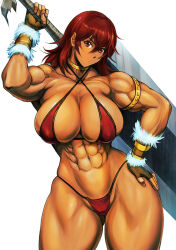 1girl abs armlet bikini breasts choker dragonslayer_(sword) fingerless_gloves fur_trim gloves hand_on_own_hip holding holding_sword holding_weapon huge_weapon jewelry large_breasts looking_at_viewer medium_hair muscular muscular_female navel original over_shoulder red_bikini red_eyes red_hair shopyun skindentation solo swimsuit sword vambraces weapon weapon_over_shoulder white_background