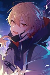 1boy black_shirt blonde_hair commentary_request earrings hair_between_eyes highres hood hood_down hooded_jacket jacket jewelry kheng_(k_heng1223) long_sleeves looking_at_viewer male_focus mask mask_pull mouth_mask night open_clothes open_jacket open_mouth outdoors project_sekai red_eyes shirt short_hair solo tenma_tsukasa upper_body white_jacket