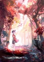 Rule 34 | 1girl, absurdres, autumn leaves, black hat, black shoes, black skirt, branch, bug, dragonfly, falling leaves, foliage, forest, hat, hat ornament, highres, insect, leaf, light rays, maple leaf, miyako yoshika, nature, ofuda, red shirt, rock, scenery, shide, shirt, shoes, skirt, solo, standing, star (symbol), star hat ornament, stone pillar, sunlight, t0nys, touhou