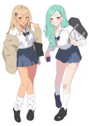 2girls :d absurdres bag black_bow black_bowtie black_nails black_shoes black_skirt blonde_hair blush bow bowtie braid braided_bangs breasts candy carrying cleavage collared_shirt dark-skinned_female dark_skin dress_shirt food green_hair grin gyaru hair_behind_ear hair_intakes hair_ornament hair_over_shoulder highres holding kaminari_qpi komito_(komito5310) large_breasts leaning_forward lightning_bolt lightning_bolt_hair_ornament lightning_bolt_symbol loafers lollipop long_hair long_sleeves looking_at_viewer loose_bowtie miniskirt mole mole_on_breast mole_on_thigh multicolored_hair multiple_girls open_mouth orange_eyes orange_nails pink_hair pleated_skirt purple_eyes school_bag school_uniform shirt shoes shoulder_carry simple_background skirt smile streaked_hair swept_bangs unfinished virtual_youtuber vspo! w white_background white_shirt wing_collar x_hair_ornament yakumo_beni