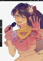 Rule 34 | 1girl, amo (amo 0514), art program in frame, blush, bow, chinese commentary, commentary request, dress, gloves, hair bow, hair ornament, hands up, head tilt, heart, highres, holding, holding microphone, hoshino ai, long hair, looking at viewer, lower teeth only, microphone, music, one eye closed, open mouth, oshi no ko, parted bangs, partially colored, pink bow, pink dress, pink gloves, procreate (software), purple eyes, purple hair, rabbit hair ornament, simple background, singing, smile, solo, spread fingers, star (symbol), star hair ornament, star in eye, symbol in eye, teeth, unfinished, upper body, waving, white background