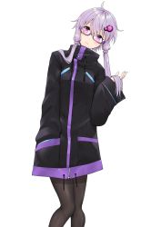 1girl absurdres ahoge black_jacket black_pantyhose blush closed_mouth commentary drawstring feet_out_of_frame glasses hair_between_eyes hair_ornament hand_in_pocket hand_up head_tilt highres jacket knees_together_feet_apart long_hair long_sleeves pantyhose purple-framed_eyewear purple_eyes purple_hair semi-rimless_eyewear simple_background sleeves_past_wrists solo under-rim_eyewear vocaloid voiceroid white_background wide_sleeves yuzuki_yukari zooanime