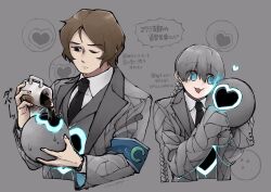 1boy 1girl :3 armband black_necktie blue_armband blue_eyes braid brown_hair closed_mouth coat collared_shirt commentary_request dark_skin e.g.o_(project_moon) employee_(project_moon) grey_coat grey_hair grey_jacket heart highres holding_orb jacket lapels lobotomy_corporation long_hair long_sleeves low_twin_braids necktie notched_lapels nugget_(project_moon) open_mouth project_moon shirt sleeves_past_fingers sleeves_past_wrists smile sound_of_a_star_(e.g.o) translation_request twin_braids very_long_hair white_shirt yatsumeunagi