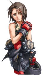 Rule 34 | 1girl, absurdres, brown eyes, brown hair, camouflage, camouflage shirt, clothes around waist, cropped legs, edaki shin&#039;ya, expressionless, feet out of frame, game cg, gloves, hand on own shoulder, highres, jacket, jacket around waist, justice gakuen, kazama akira, knee pads, leather, leather pants, looking to the side, moero! justice gakuen, non-web source, official art, pants, photoshop (medium), shin guards, shirt, short hair, simple background, skull print, sleeveless, sleeveless shirt, solo, spikes, standing, white background
