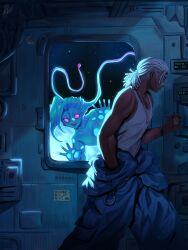 0homi 1boy 1girl :d absurdres alien alternate_costume artist_name bare_shoulders blue_pants colored_skin dark-skinned_male dark_skin ekko_(league_of_legends) green_skin highres jinx_(league_of_legends) league_of_legends long_hair open_mouth pants pink_eyes shirt smile space spacecraft teeth twintails undercut white_hair white_shirt