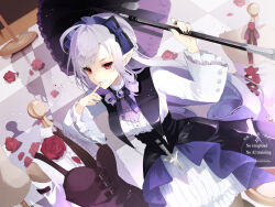1girl ascot black_nails bow center_frills cowboy_shot finger_to_mouth flower frills gem hair_between_eyes hairband holding holding_umbrella komesiwo_syumi long_hair mole mole_under_eye pointy_ears purple_ascot purple_bow purple_gemstone purple_hair purple_hairband purple_umbrella red_eyes red_flower red_rose rose shrug_(clothing) sideboob_cutout smile umbrella vivian_banshee white_shrug zenless_zone_zero