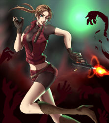 Rule 34 | 1girl, :d, ;d, belt, bike shorts, black gloves, blue eyes, blush, boots, breasts, brown boots, brown hair, bullet, claire redfield, denim, female focus, fingerless gloves, fire, firing, gloves, green eyes, groin, gun, handgun, high heel boots, high heels, holster, knee boots, knife, lips, lipstick, long hair, makeup, one eye closed, open mouth, parted lips, ponytail, red vest, resident evil, resident evil 2, severed arm, severed limb, short hair, shorts, sideburns, smile, solo, solo focus, teeth, thighs, undead, vest, weapon, zombie
