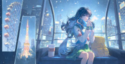 1girl absurdres backpack bag birthday black_hair blue_sky breath building chinese_commentary city city_lights commentary_request commission cup dated_commentary disposable_coffee_cup disposable_cup expressionless ferris_wheel ferris_wheel_interior fringe_trim green_sailor_collar green_skirt green_sleeve_cuffs grey_scarf hands_up highres higurashi_kagome inuyasha long_hair looking_ahead looking_at_viewer looking_outside miniskirt neckerchief night night_sky no_smoking own_hands_together parted_lips plaid_clothes plaid_scarf pleated_skirt polora red_neckerchief sailor_collar sailor_shirt scarf school_uniform second-party_source serafuku shirt sitting skirt sky skyscraper sleeve_cuffs snowing solo steepled_fingers three_quarter_view tokyo_(city) tokyo_tower unworn_backpack unworn_bag wavy_hair white_shirt winter yellow_bag