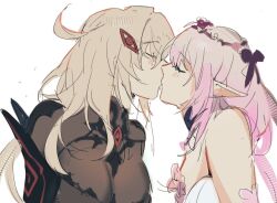 2girls bare_shoulders blonde_hair breasts castorice_(honkai:_star_rail) cleavage closed_mouth commentary couple detached_sleeves english_commentary from_behind genshin_impact hair_between_eyes hair_ornament headpiece honkai:_star_rail honkai_(series) imminent_kiss in-franchise_crossover large_breasts leaning_forward light_blush long_hair medium_breasts multiple_girls pointy_ears ronova_(genshin_impact) see-through_clothes simple_background skin_tight standing tomodurien upper_body wavy_hair white_background yuri