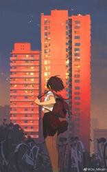 1girl backpack bag bicycle black_hair black_skirt building chinese_commentary city cityscape commentary_request facing_away feet_out_of_frame from_behind highres holding_strap mikann_(clm_mikan) miniskirt original outdoors pleated_skirt sailor_collar school_uniform serafuku short_hair skirt sky solo standing sunset watermark weibo_watermark wind