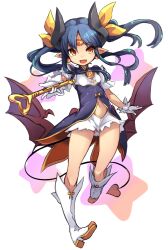 Rule 34 | 1girl, :d, boots, breasts, circlet, clothing cutout, demon tail, gloves, highres, holding, holding wand, karukan (monjya), long hair, navel, navel cutout, open mouth, parted bangs, pointy ears, ruruie (shinrabanshou), shinrabanshou, small breasts, smile, solo, tail, twintails, wand, white boots, white gloves, wings, yellow eyes