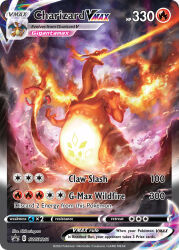 animal_focus artist_name breath_weapon breathing_fire card_(medium) character_name charizard claws cloud cloudy_sky company_name copyright_name copyright_notice debris dragon dynamax english_text fiery_wings fire flaming_horns gen_1_pokemon gigantamax gigantamax_charizard nintendo no_humans official_art outdoors pokemon pokemon_(creature) pokemon_card pokemon_tcg rain shiburingaru sky standing third-party_source trading_card wings