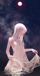 1girl closed_eyes commentary_request dress full_moon grey_hair highres long_hair moon night night_sky ocean original outdoors profile revision ripples see-through_clothes skirt_hold sky sleeveless sleeveless_dress solo sousou_(sousouworks) star_(sky) starry_sky wading water white_dress