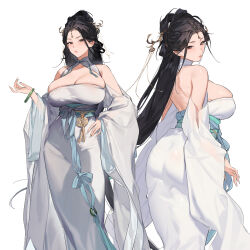 1girl 2025 ass backless_outfit black_hair blue_sash breasts brown_eyes chinese_clothes cleavage closed_mouth commentary detached_sleeves dress english_commentary female_focus fingernails folded_hair from_behind gebijiade_89 hair_ornament hairdressing hand_on_own_hip head_tilt highres huge_breasts large_breasts lips long_fingernails long_hair looking_at_viewer looking_back low_ponytail multiple_views off_shoulder original parted_bangs ponytail rope_belt sash shoulder_blades simple_background standing taut_clothes turtleneck white_dress white_nails wide_sleeves