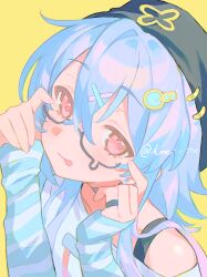 1boy :p absurdres ame_yuu_02 arknights blue_hair closed_mouth commentary glasses highres jewelry long_sleeves looking_at_viewer male_focus mizuki_(arknights) pink_eyes ring solo symbol-only_commentary tongue tongue_out trap