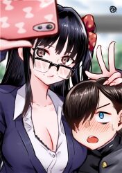 1boy 1girl black-framed_eyewear black_hair blush boku_no_kokoro_no_yabai_yatsu bra bra_peek breasts brown_eyes cardigan chinese_commentary cleavage closed_mouth collarbone collared_shirt commentary_request foreshortening gakuran glasses hair_over_one_eye hand_on_another&#039;s_head hetero highres holding holding_phone hua-j ichikawa_kyoutarou large_breasts long_hair looking_at_phone open_mouth over-rim_eyewear phone purple_cardigan school_uniform semi-rimless_eyewear shirt short_hair signature sweat underwear white_shirt yamada_anna